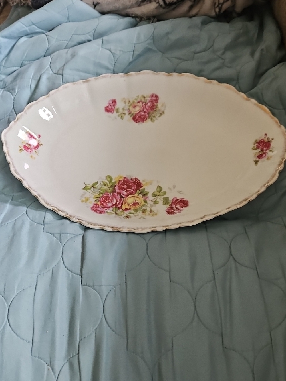 White Porcelain Floral Serving Platter with Pink Rose Motif